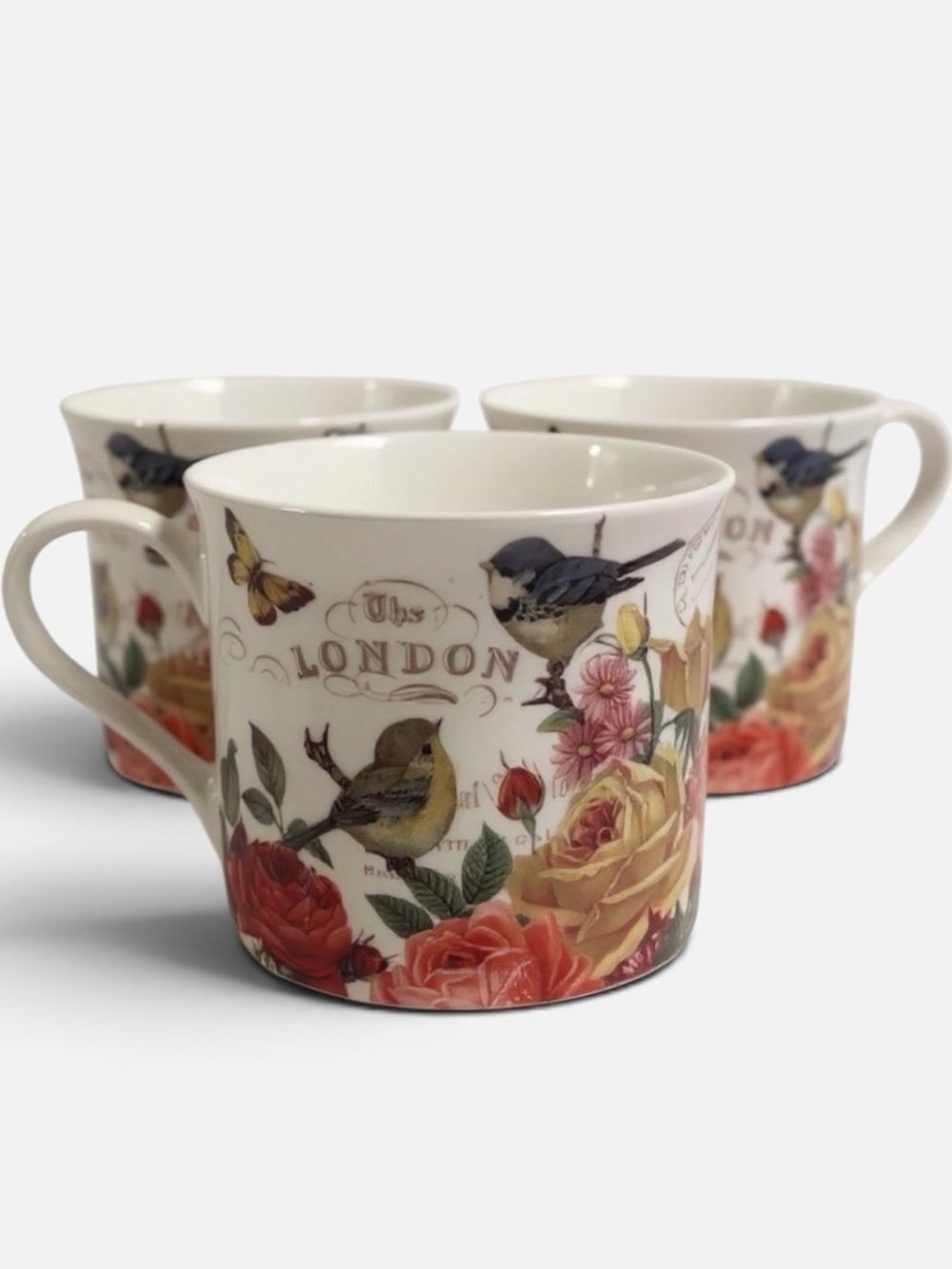 McIntosh London Garden Fine Bone China Floral Bird Mugs Set of 3